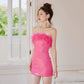 DOLLY Elegant Pink Off Shoulder Feather Sequin Tube Top Short Party Dress-AMELIA