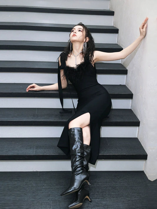 DOLLY Elegant Black French Style Body Shape Suspender Dinner Dress-LENA (V)