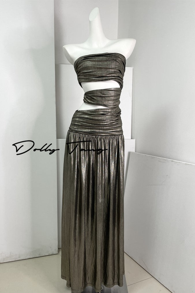 DOLLY Elegant Metallic Gray Skin Revealing Tube Top Long Dinner Dress-NIKITA