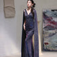 DOLLY Elegant Blue Gray Deep V-Neck Sleeveless Slim Fit Shawl Dinner Dress-KRISTI