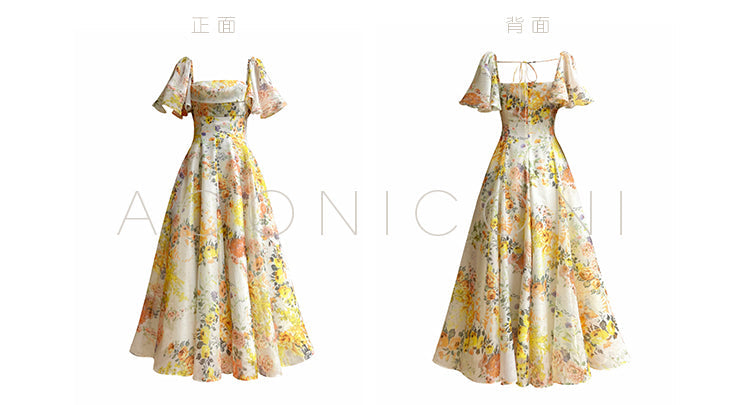 Aconiconi Elegant Flower Print Square Collar Short Sleeve midi  Dress-  Monet Summer Flowers