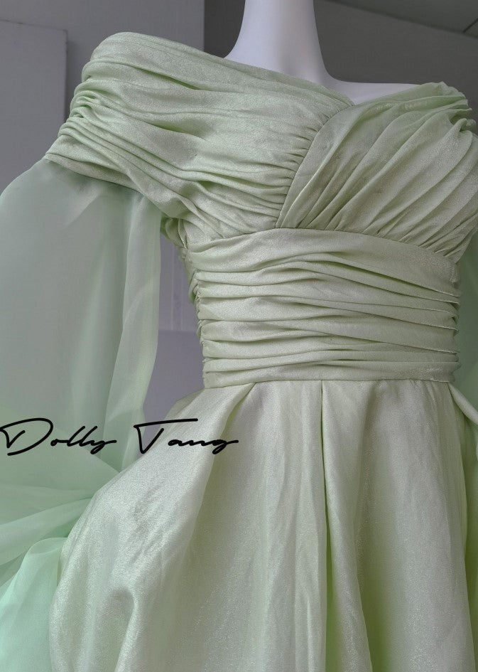 DOLLY High End Green ombre Off Shoulder Puff Sleeves Pleated Tutu Dress- Tulip