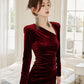 DOLLY Elegant Burgundy V-Neck Long Sleeve Velvet Long Slit Formal Dinner Dress-HAZEL