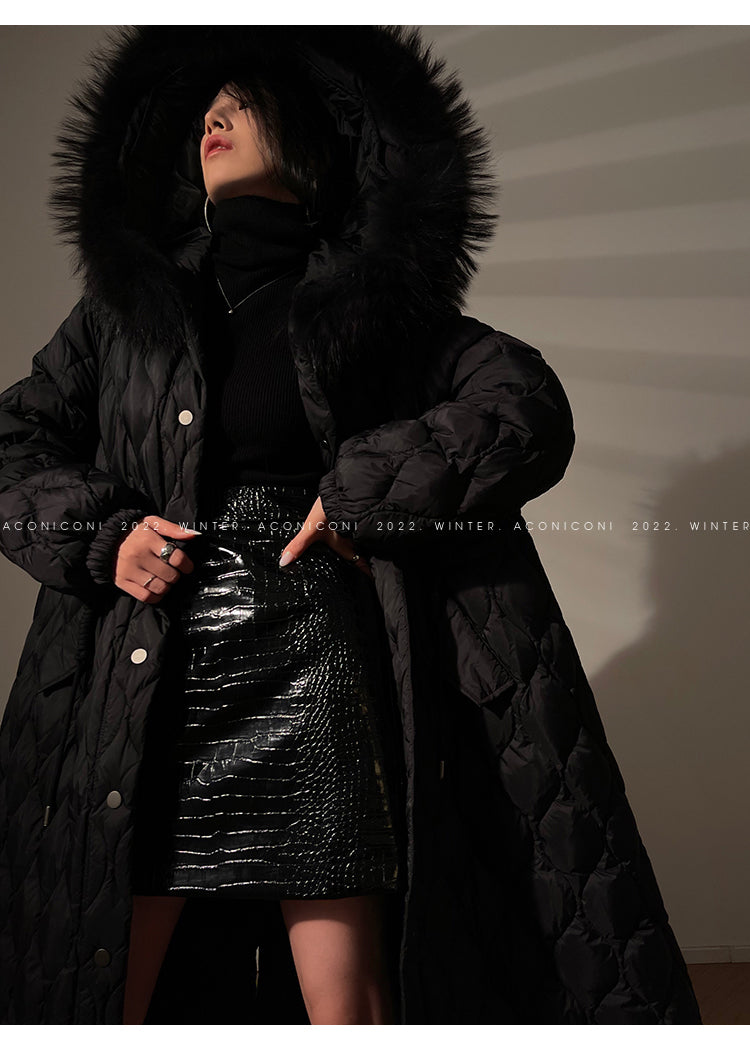 Aconiconi Elegant Duck Down Long Sleeve Hooded Long Fur Winter Coat -  He Xu Ling Hua