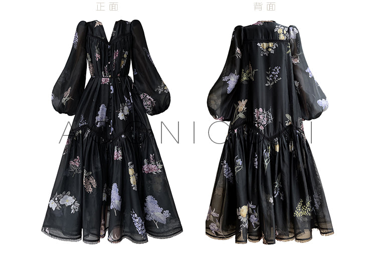 Aconiconi Elegant French Print V-Neck Puff Sleeve vacation Dress- Cloud Forest in the Flowers