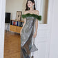DOLLY Luxury Sliver Retro Style Green Feather Tube Top Long Glitter Party Dress-THEKLA