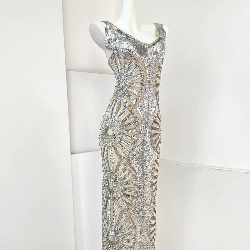 DOLLY Luxury Sliver Sleeveless Beaded Glitter Long Dress-SIDNEY