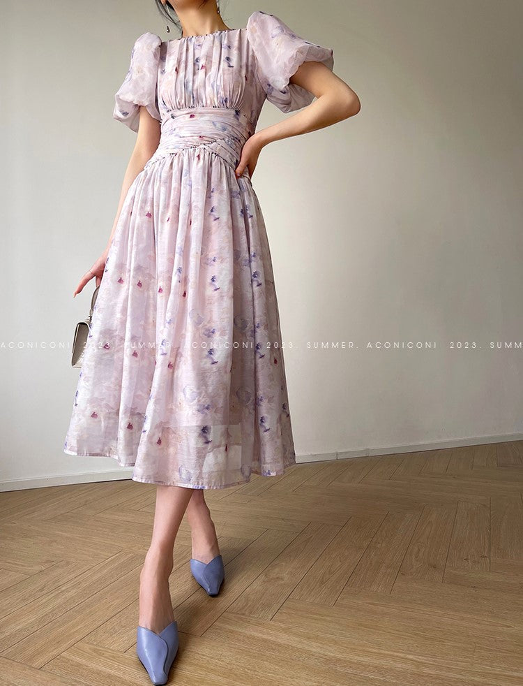 Aconiconi Luxury French Lilac Short Puff Sleeves Dress- Butterfly Dancing Firefly