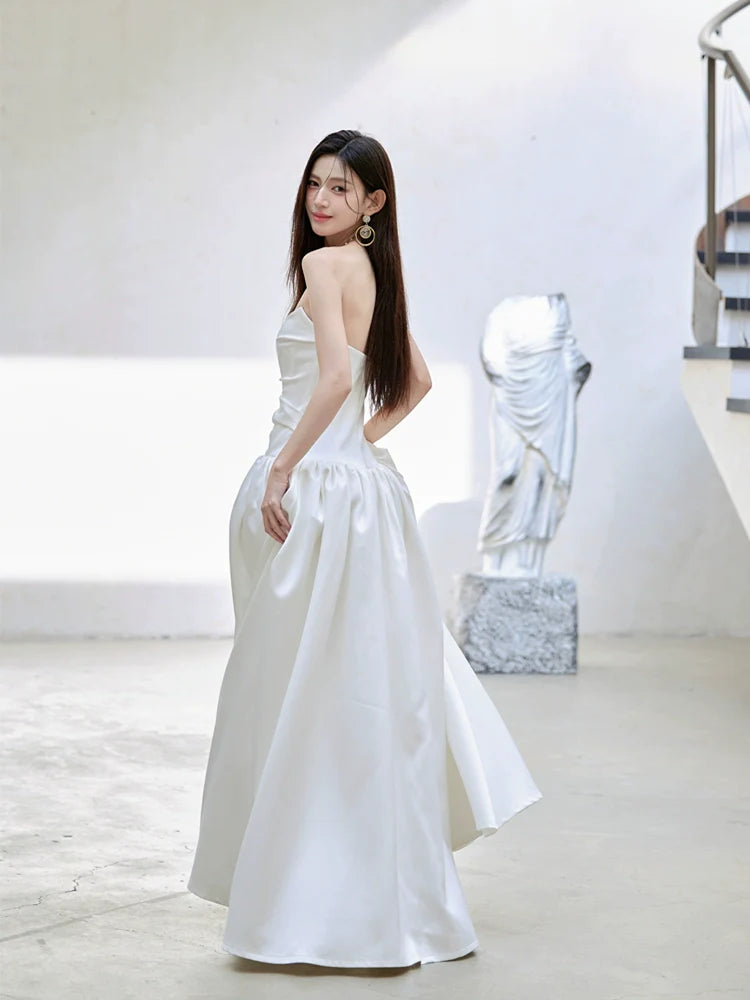 DOLLY Luxury White Satin Retro Bandeau Long Wedding Dress-NONYE