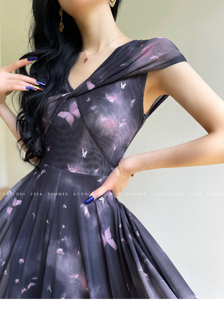 Aconiconi Elegant ButterFly Print Short Sleeve Long Swing Dress- Butterfly Phantom