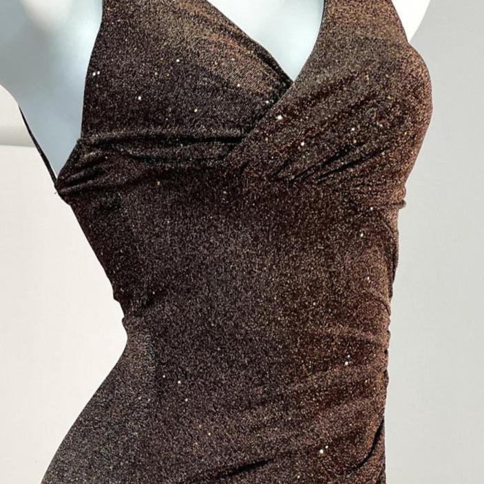 DOLLY Luxury Coffee Brown Sequin Sleeveless Long Slit Banquet Dress-Rola