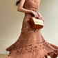 Aconiconi Elegant Brown Sleeveless 100% cotton Crochet Knitted Long midi Dress - Alice Dream