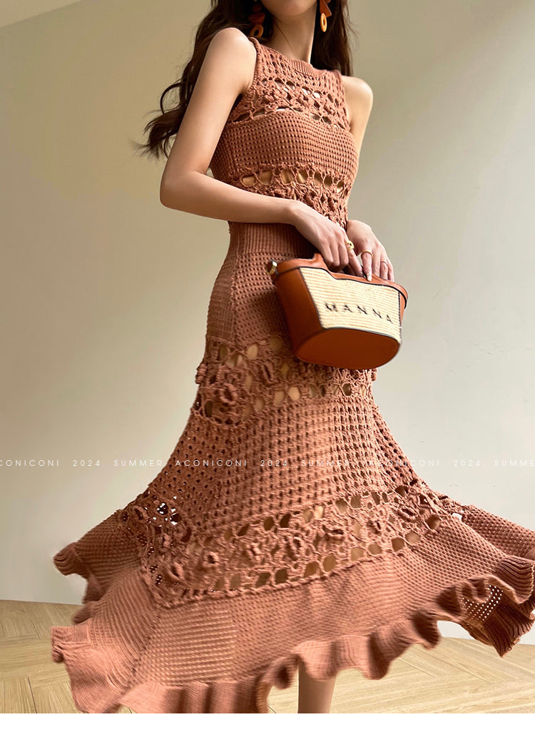 Aconiconi Elegant Brown Sleeveless 100% cotton Crochet Knitted Long midi Dress - Alice Dream