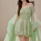 DOLLY High End Green ombre Off Shoulder Puff Sleeves Pleated Tutu Dress- Tulip