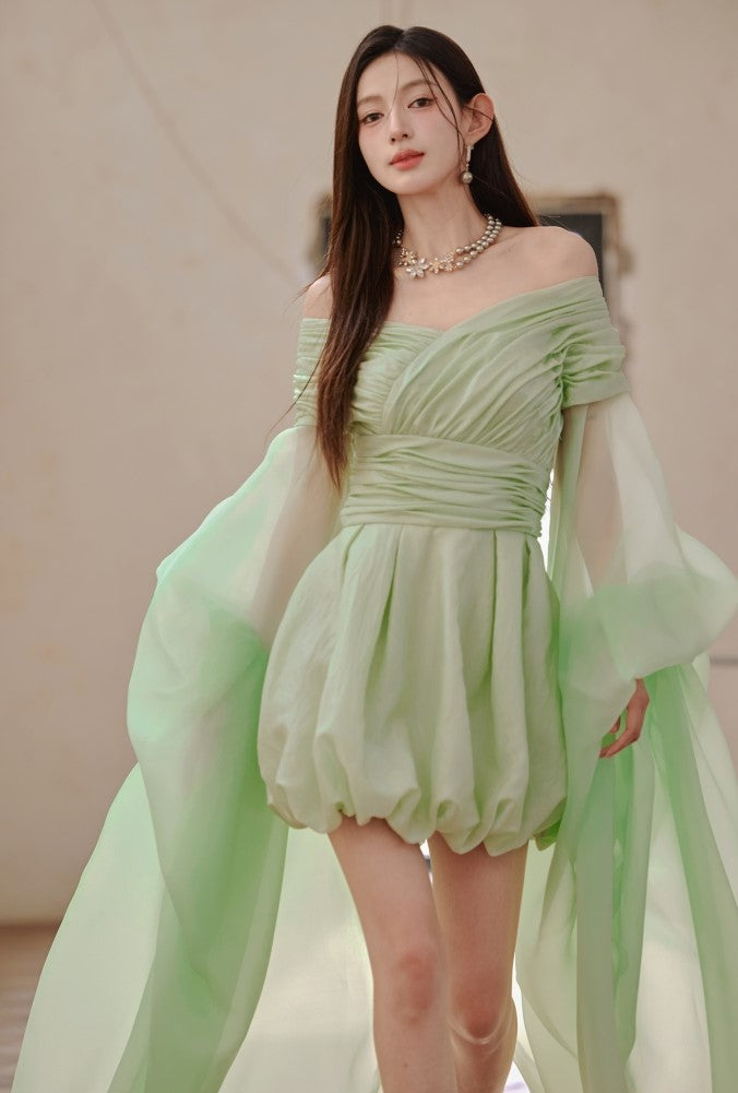 DOLLY High End Green ombre Off Shoulder Puff Sleeves Pleated Tutu Dress- Tulip