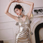 DOLLY Elegant Retro Sliver Gold Deep V-Neck Sleeveless Flower Long Cocktail Dress- Nisa