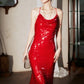 DOLLY Elegant Red French Sleeveless Sequin Backless Long Cocktail Dress-Quin