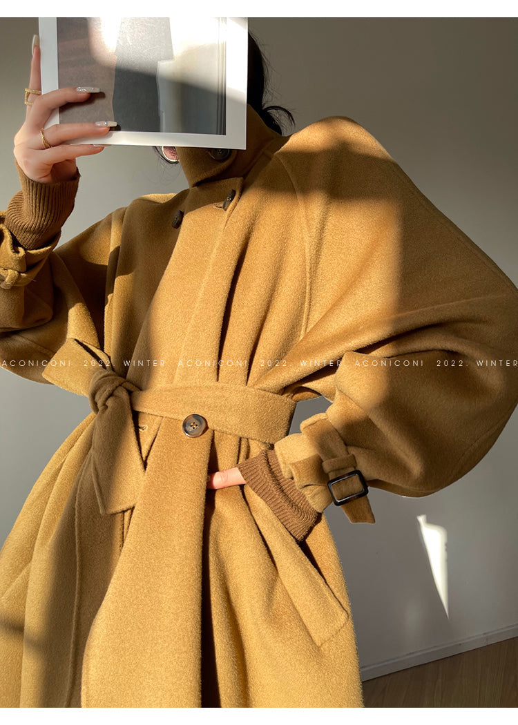 Aconiconi Autumn purple tan double-sided heavy wool cloak jacket long coat - Maple