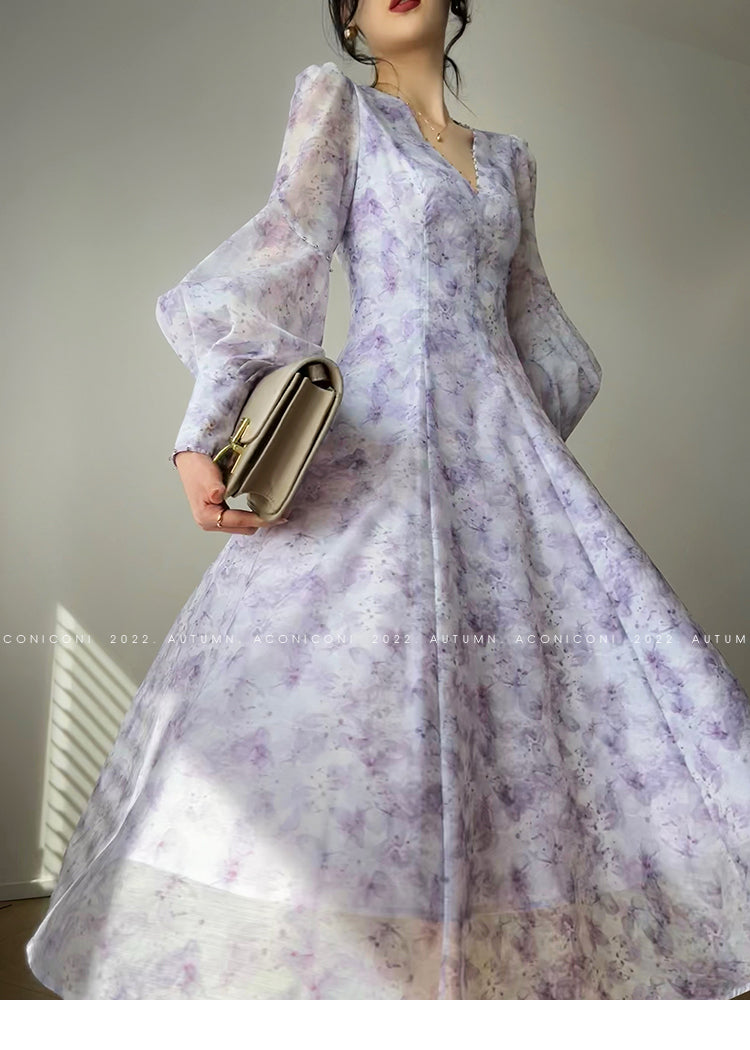 Aconiconi Elegant V-Neck Long Sleeve High Waist Swing tea  Dress- Cloud soaked Wisteria