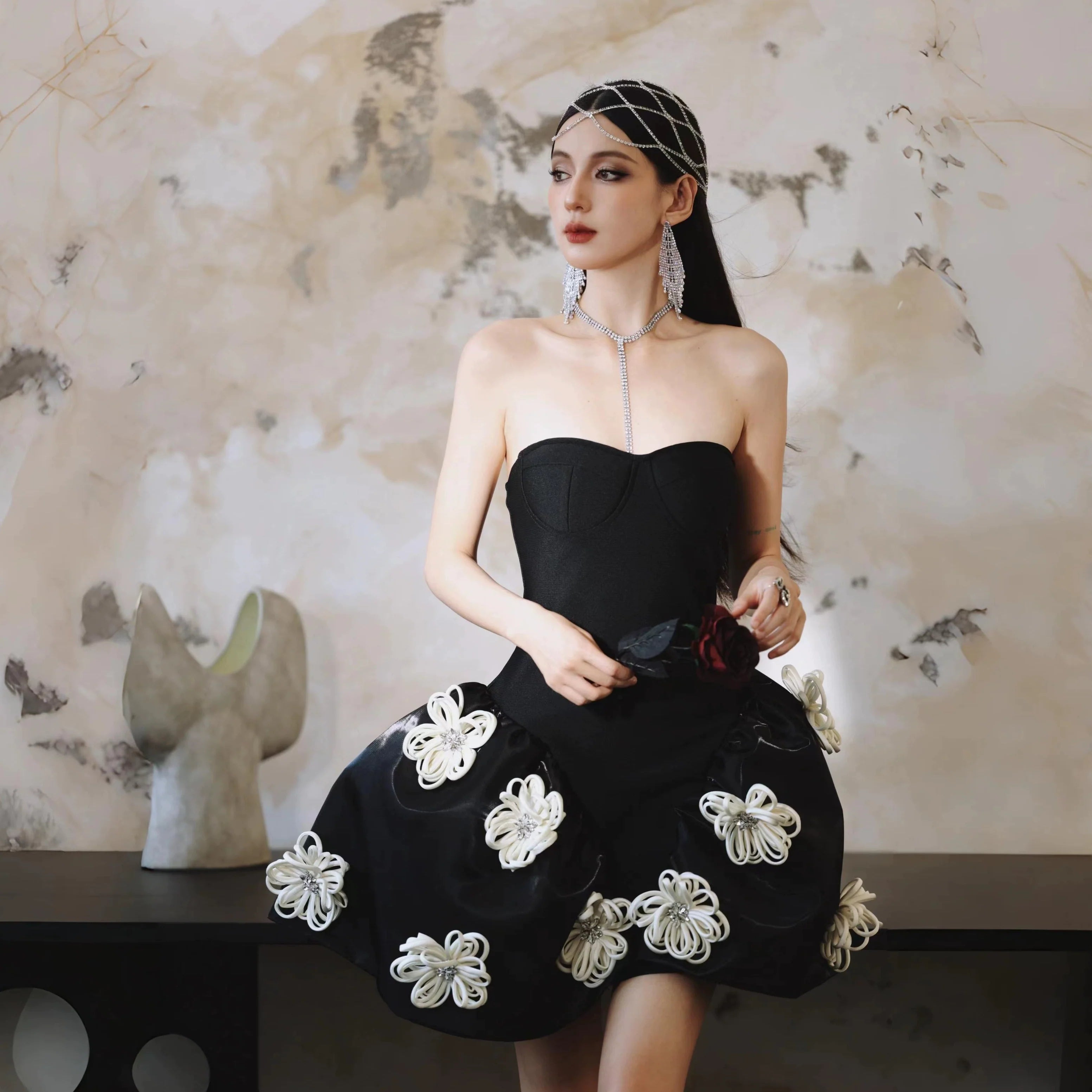 DOLLY Luxury Black Strapless Chet Wrap Flower Embroidered Tutu Cocktail Dress-Losa M / Black DOLLY Luxury Black Strapless Chet Wrap Flower Embroidered Tutu Cocktail Dress-Losa M / Black