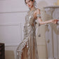 DOLLY Elegant Retro Sliver Gold Deep V-Neck Sleeveless Flower Long Cocktail Dress- Nisa