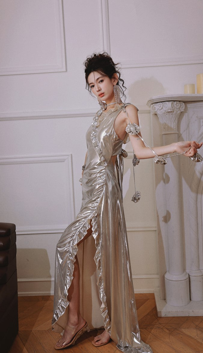DOLLY Elegant Retro Sliver Gold Deep V-Neck Sleeveless Flower Long Cocktail Dress- Nisa