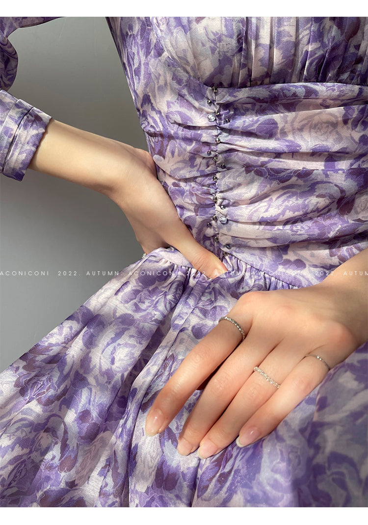 Aconiconi Square Collar Long Sleeve Tea Dress- Amethyst Water