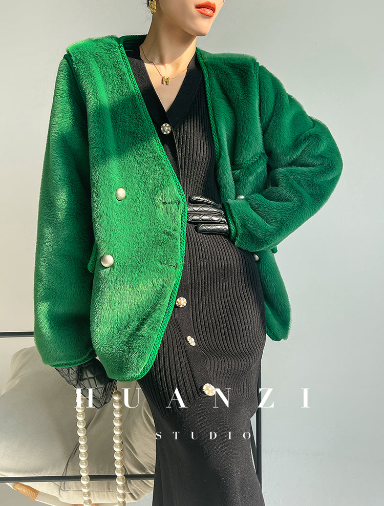 Huanzi green imitation fur autumn winter coat - Miiw