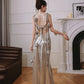 DOLLY Elegant Retro Sliver Gold Deep V-Neck Sleeveless Flower Long Cocktail Dress- Nisa
