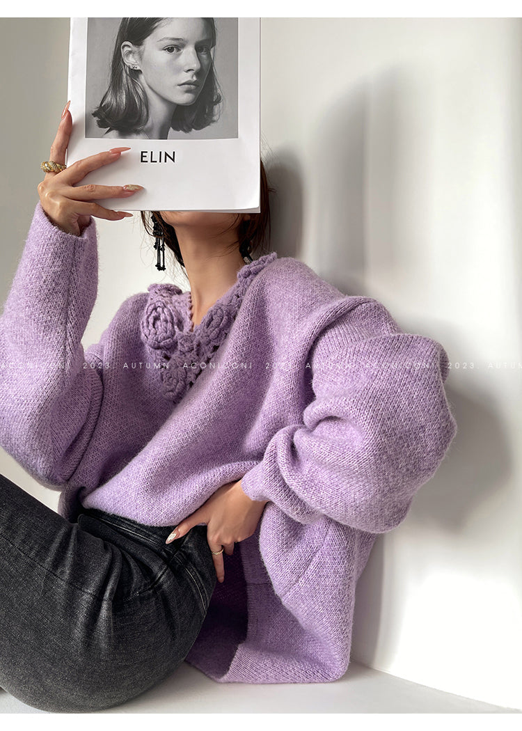 Aconiconi|Purple Flower Crochet openwork long cropped loose wool knit sweater  dress - Twilight