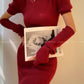 Cream milk red knitted puff sleeve sweater dress-  Mousse Milk Puff