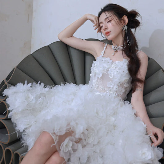 DOLLY Elegant White Embroidery Sleeveless short full Wedding Dress-Benny