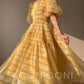 Aconiconi Elegant Yellow V-NeckPuff Sleeve Vacation Dress- Manshan