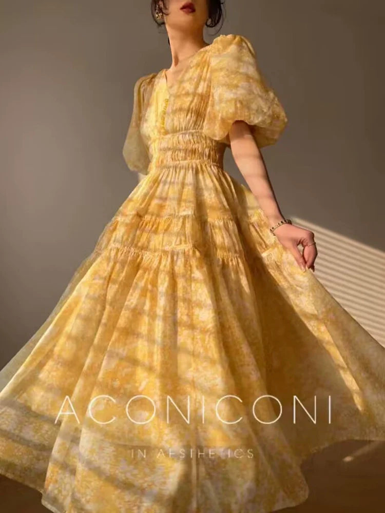 Aconiconi Elegant Yellow V-NeckPuff Sleeve Vacation Dress- Manshan