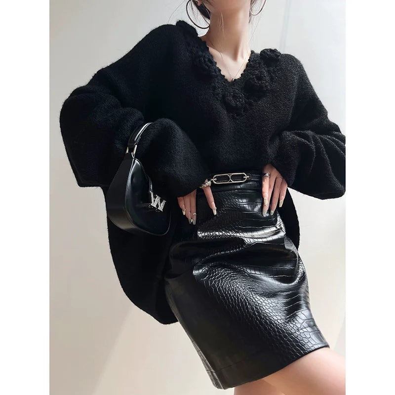 Aconiconi|Purple Flower Crochet openwork long cropped loose wool knit sweater  dress - Twilight