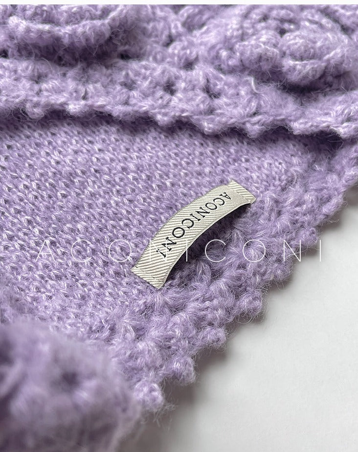 Aconiconi|Purple Flower Crochet openwork long cropped loose wool knit sweater  dress - Twilight