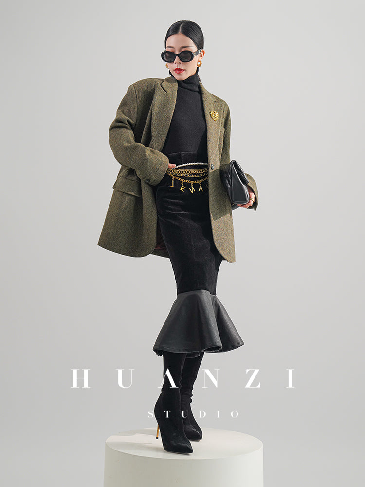 Huanzi high-end retro autumn and winter 100% wool waist suit jacket - Cassie