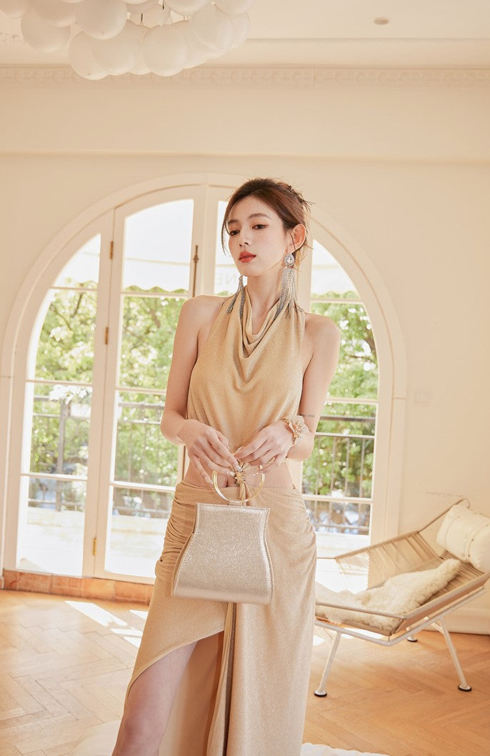 DOLLY High End Nude cowl neck Sleeveless Waist Baring Irregular Hem Cocktail-LYLA