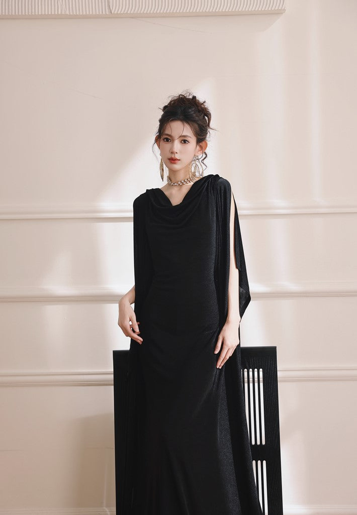 DOLLY Elegant Black Swing Collar Sleeveless Open Back Drape Dress-Kaka (V)