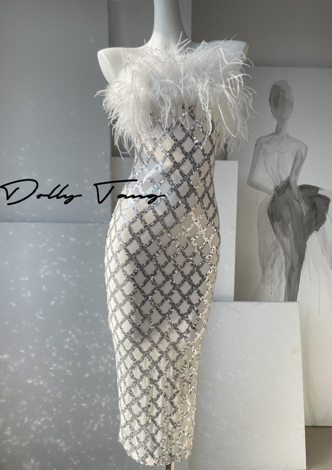 DOLLY High End Sexy Feather Bandeau Slim Fit Hip Hug Dinner Dress-Sliva