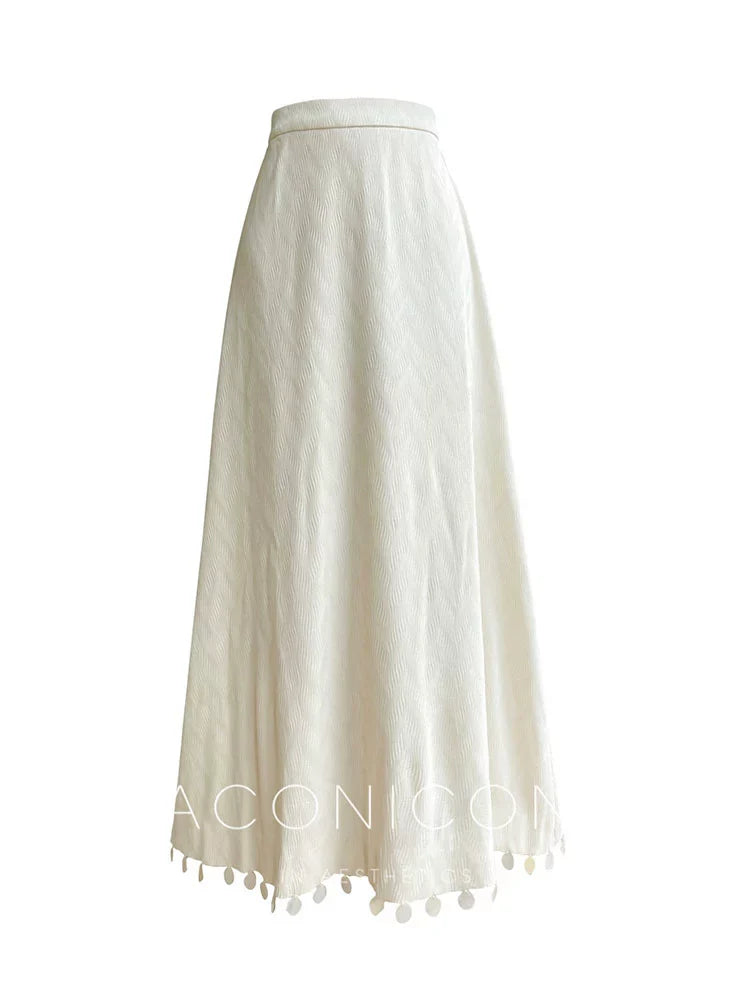 Aconiconi Elegant Beige Crew Neck Top/ High Waist Loose Long Skirt- Sea of Clouds Wind Chime