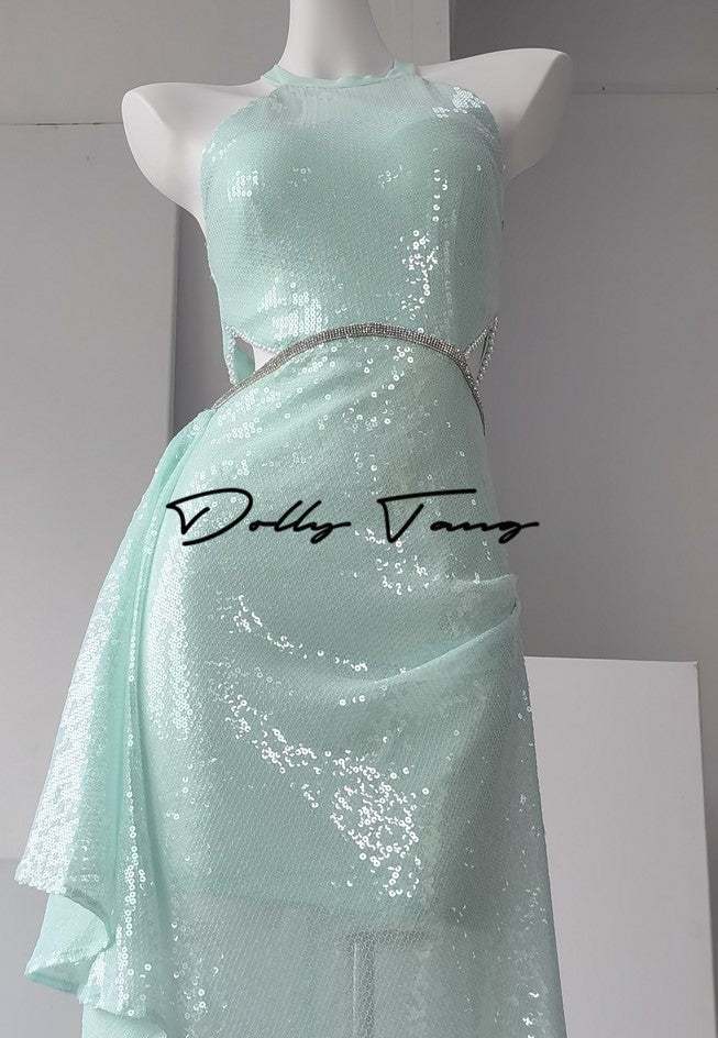 DOLLY Elegant Mint Sleeveless Slim Fit Halter Hollow Long Party Dress-Mint