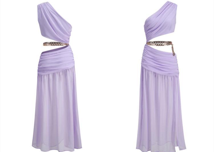 DOLLY Elegant Purple French Style Slant Collar Sleeveless Long Resort Dress-HILDA