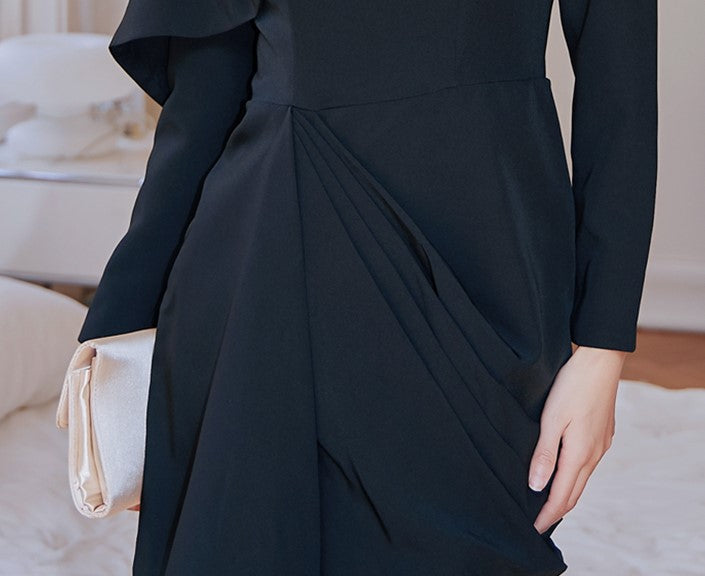 DOLLY Luxury Black Pleated One Shoulder Long Sleeve Irregular Midi Dress-RAIN