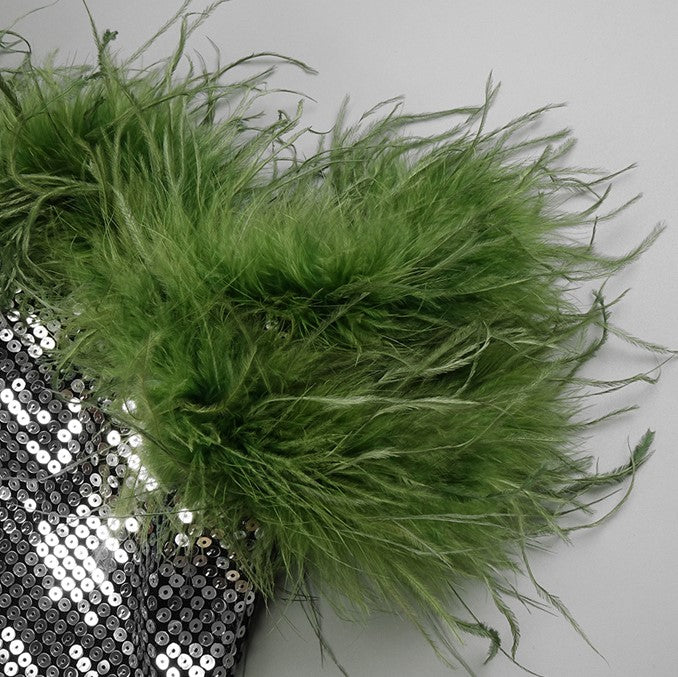 DOLLY Luxury Sliver Retro Style Green Feather Tube Top Long Glitter Party Dress-THEKLA