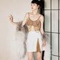 DOLLY High End Two Piece Brown V-Neck Sleeveless Top/White Tassel Skirt-Emelda