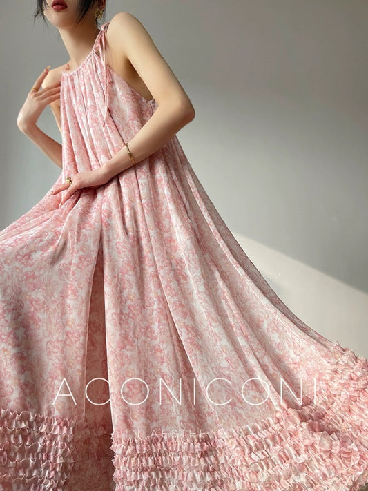Aconiconi| halter-neck summer broken flowers vacation holiday style fairy dress - cherry blossom