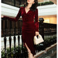 Retro wine red V-neck pleated slit dress red velvet annual meeting dress skirt- Rose
