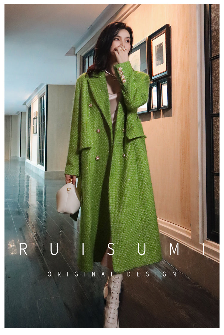 Elegant French style autumn and winter new high-end custom light luxury gold and silver silk small fragrant wind coat green fashionable woolen coat