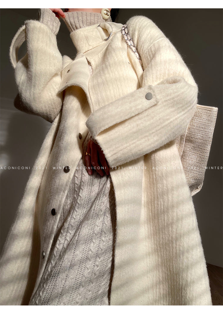 Aconiconi | Double-sided Feminine White Mid-Length wool Coat - Fuji